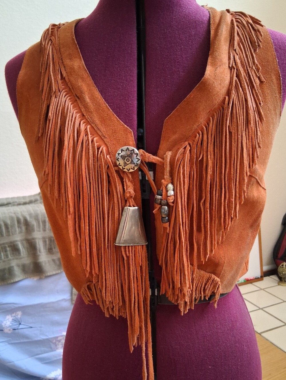 Custom Suede Fringe Vest with Beaded Tassel Size Small